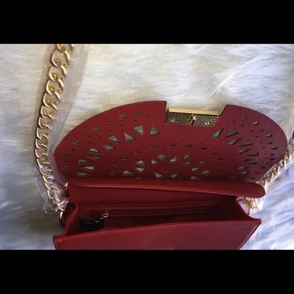 BEBE CROSSBODY RED TIFFANY PERFORATED EYELET CUT BAG PURSE - Picture 5 of 6